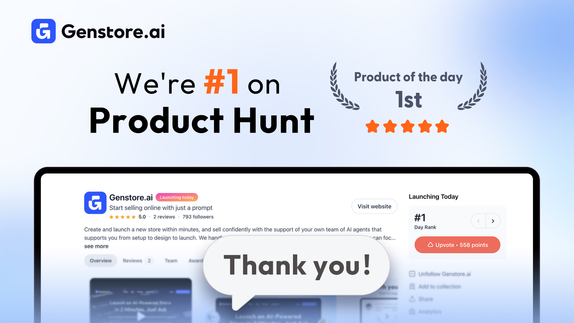 Genstore Ranks #1 Product of the Day on Product Hunt